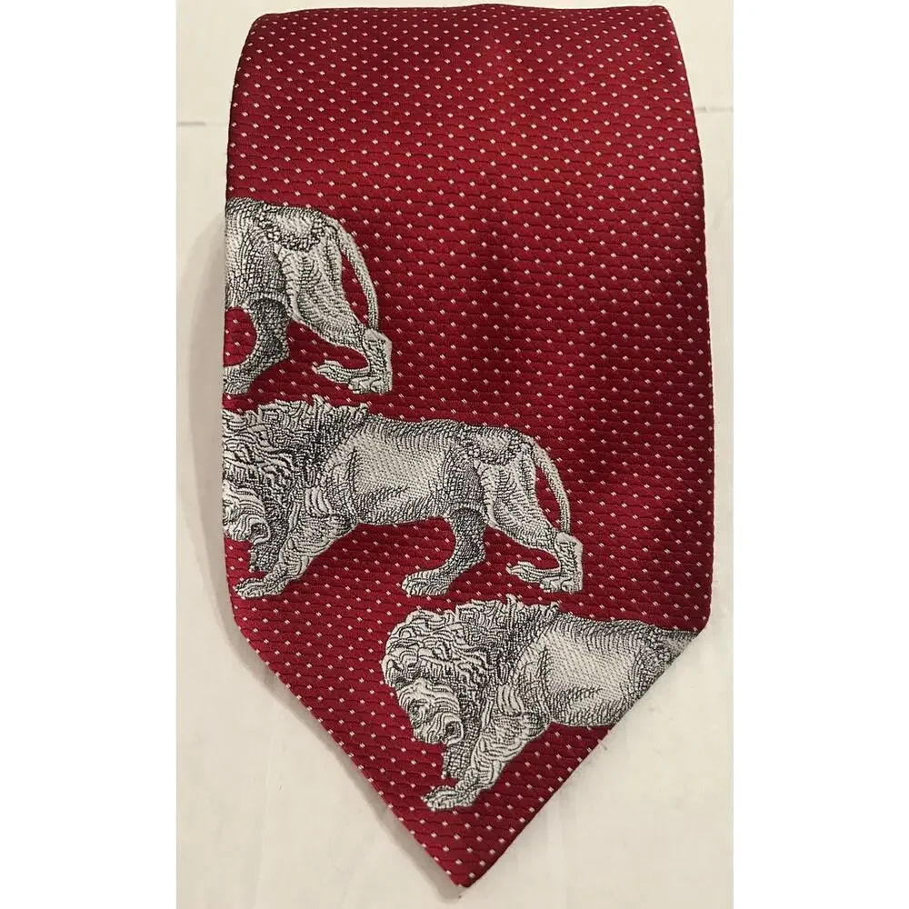 Vtg 70s‎ Allesandro Mens Tie Lions Head Red Microdot Polyester 4.5” Wide Necktie